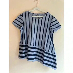 Ports 1961 100% Cotton Belted Asymmetrical Stripe Structured Blouse Size 4